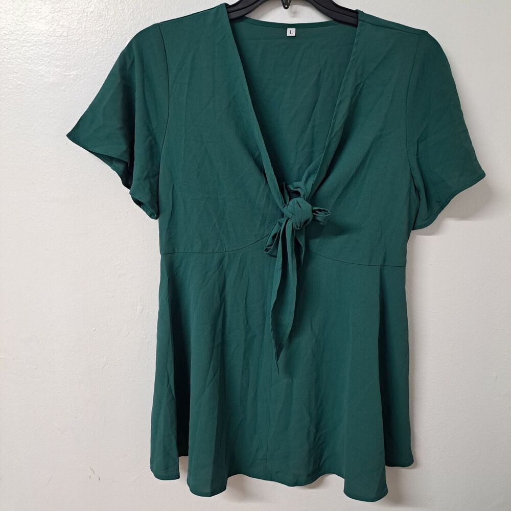 Women's Front Bowknots Shirts Tunic Blouse, Short Sleeve T Shirts V Neck, size L